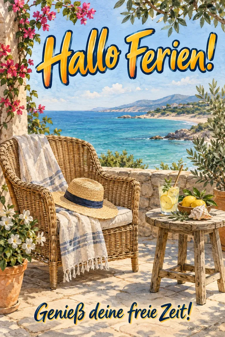 Korbsessel auf einer Terrasse am Meer, Text: Hallo Ferien! Genieß deine freie Zeit!