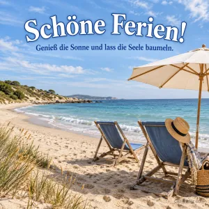 Zwei Liegestühle am Sandstrand, Text: Schöne Ferien! Genieß die Sonne und lass die Seele baumeln.