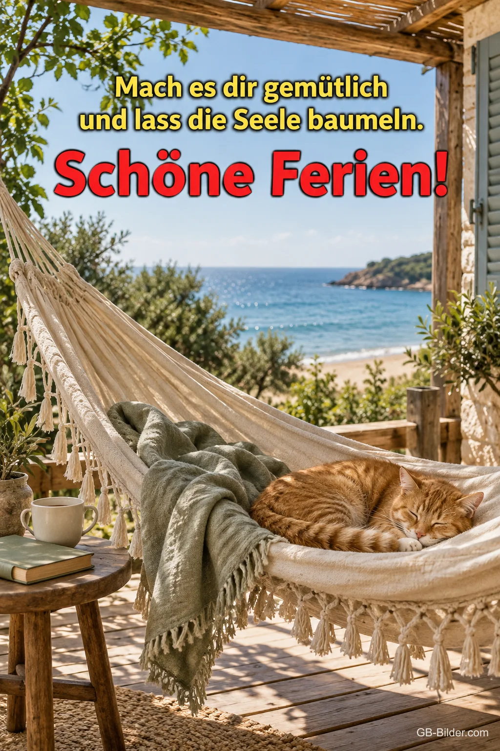 Katze schläft in einer Hängematte am Meer, Text: Mach es dir gemütlich. Schöne Ferien! Katze schläft in einer Hängematte am Meer, Text: Mach es dir gemütlich. Schöne Ferien!