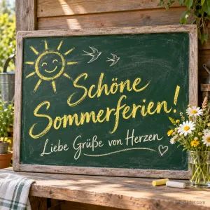 Kreidetafel mit Sonne und Margeriten, Text: Schöne Sommerferien! Liebe Grüße von Herzen