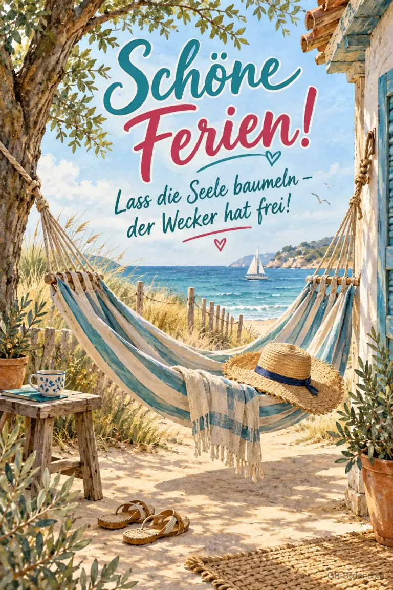 Hängematte am Dünenstrand, Text: Schöne Ferien! Der Wecker hat frei!