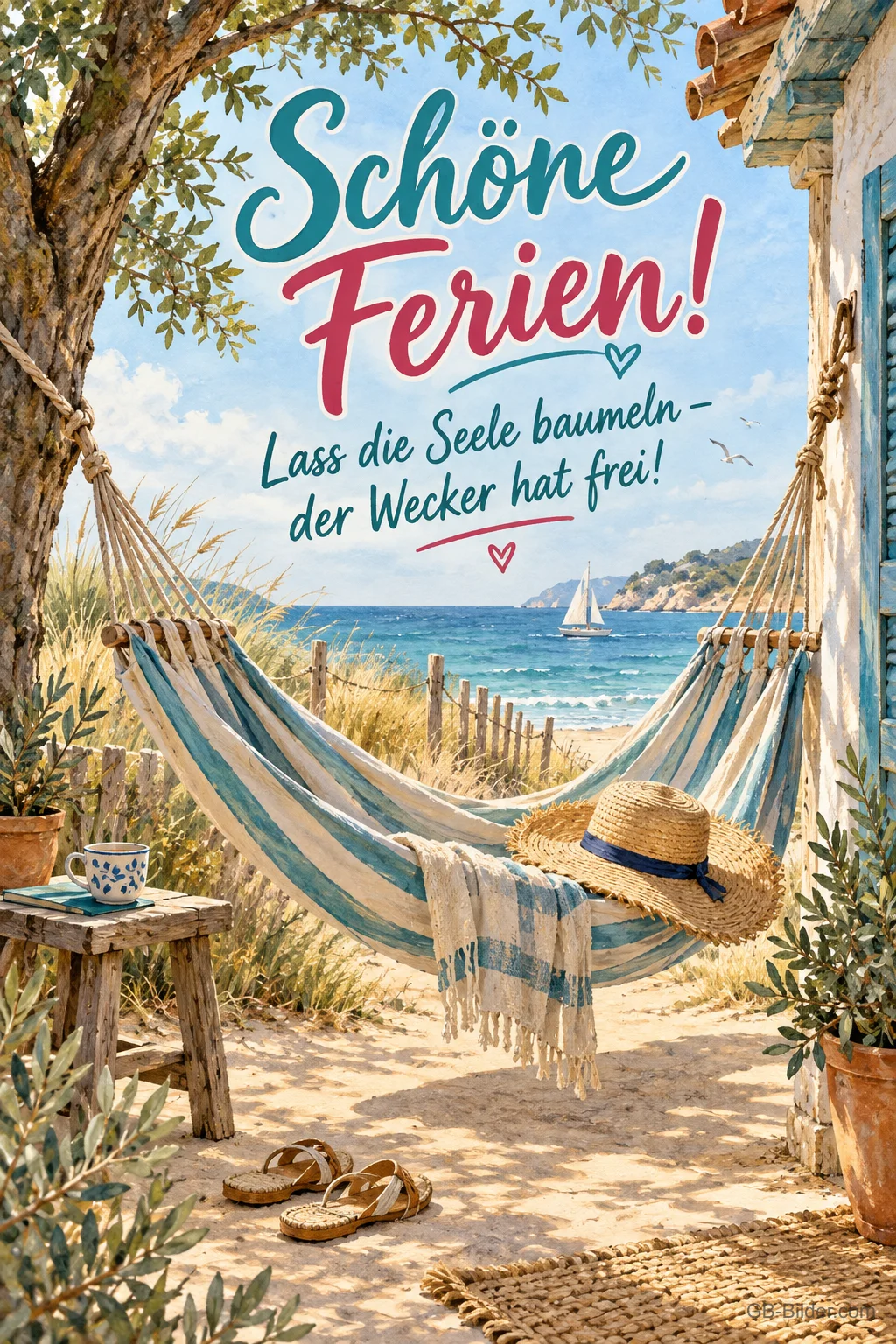 Hängematte am Dünenstrand, Text: Schöne Ferien! Der Wecker hat frei! Hängematte am Dünenstrand, Text: Schöne Ferien! Der Wecker hat frei!
