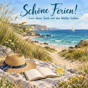 Strohhut und Buch über einer Küstenbucht, Text: Schöne Ferien! Lass deine Seele mit den Wellen treiben.