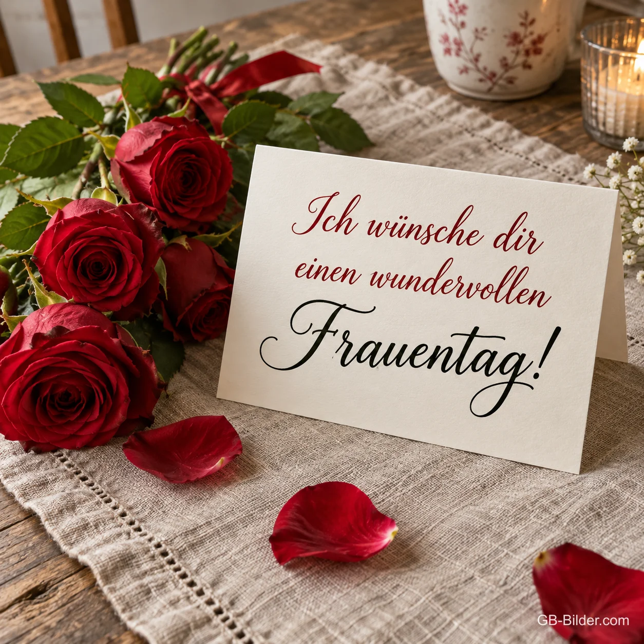 Rote Rosen neben einer Karte, Text: Ich wünsche dir einen wundervollen Frauentag! Rote Rosen neben einer Karte, Text: Ich wünsche dir einen wundervollen Frauentag!