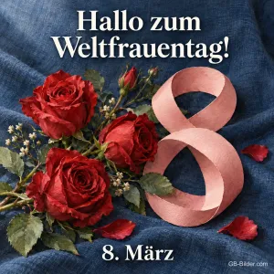 Rote Rosen und Schleife als Acht, Text: Hallo zum Weltfrauentag! 8. März