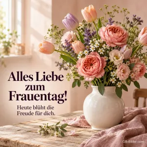 Tulpen und Rosen in einer weißen Vase, Text: Alles Liebe zum Frauentag! Heute blüht die Freude für dich.