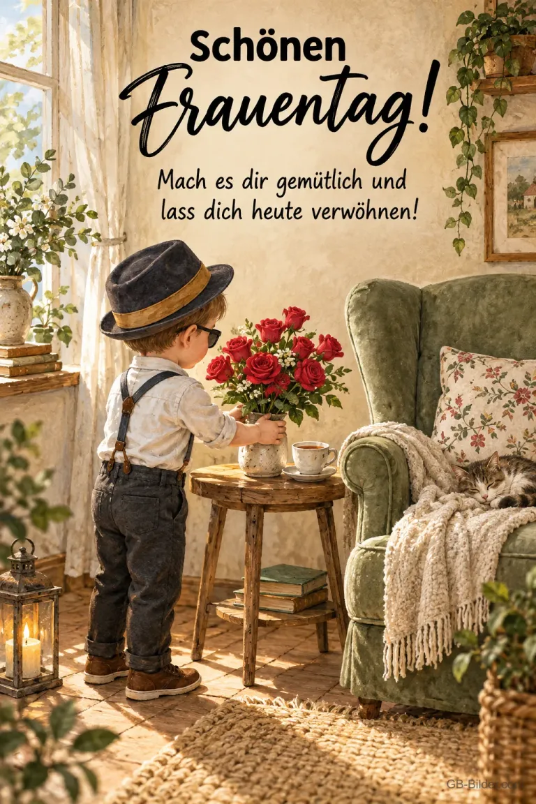 Junge mit Hut stellt Rosen auf einen Tisch, Text: Schönen Frauentag! Lass dich heute verwöhnen!