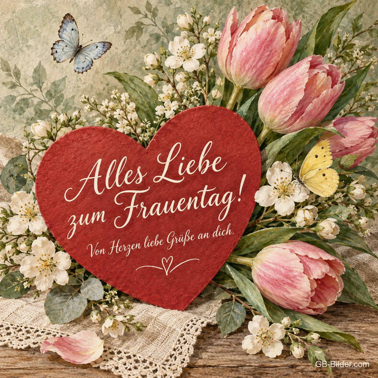 Filzherz zwischen Tulpen, Text: Alles Liebe zum Frauentag! Filzherz zwischen Tulpen, Text: Alles Liebe zum Frauentag!