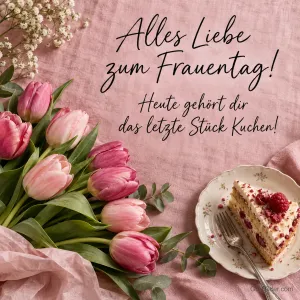 Rosa Tulpen und Himbeerkuchen, Text: Alles Liebe zum Frauentag! Heute gehört dir das letzte Stück Kuchen!