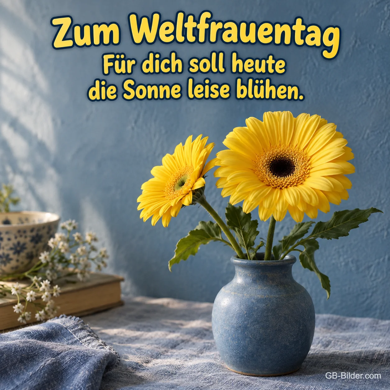 Gelbe Gerbera in blauer Vase, Text: Zum Weltfrauentag Gelbe Gerbera in blauer Vase, Text: Zum Weltfrauentag