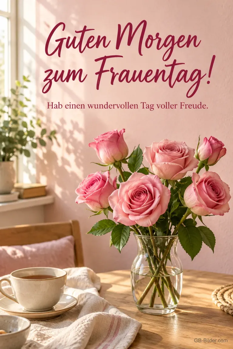 Rosa Rosen und Teetasse, Text: Guten Morgen zum Frauentag!