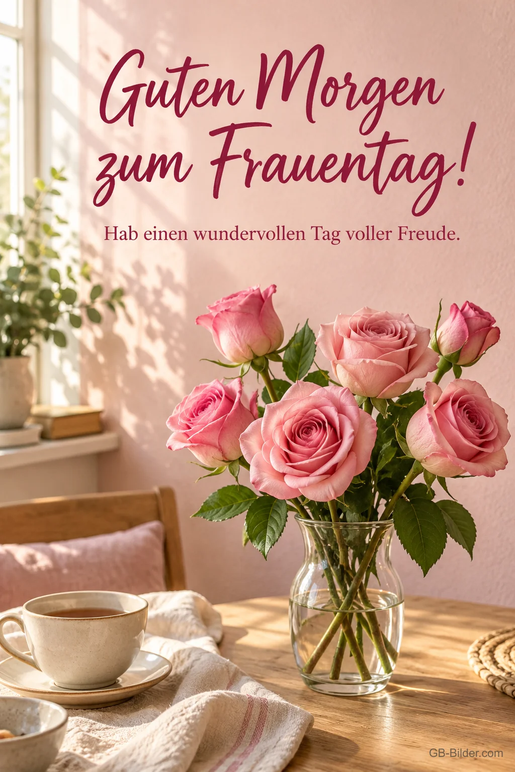 Rosa Rosen und Teetasse, Text: Guten Morgen zum Frauentag! Rosa Rosen und Teetasse, Text: Guten Morgen zum Frauentag!