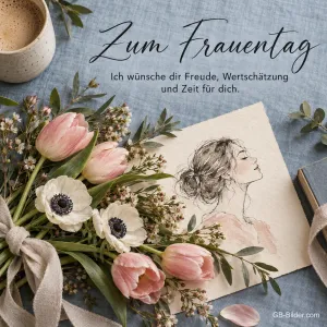Tulpen und Anemonen neben Skizze, Text: Zum Frauentag