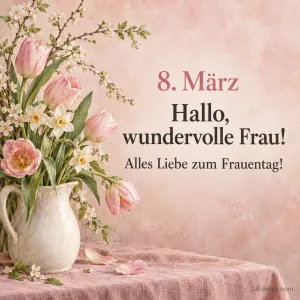 Tulpen und Blütenzweige im Krug, Text: 8. März – Hallo, wundervolle Frau!