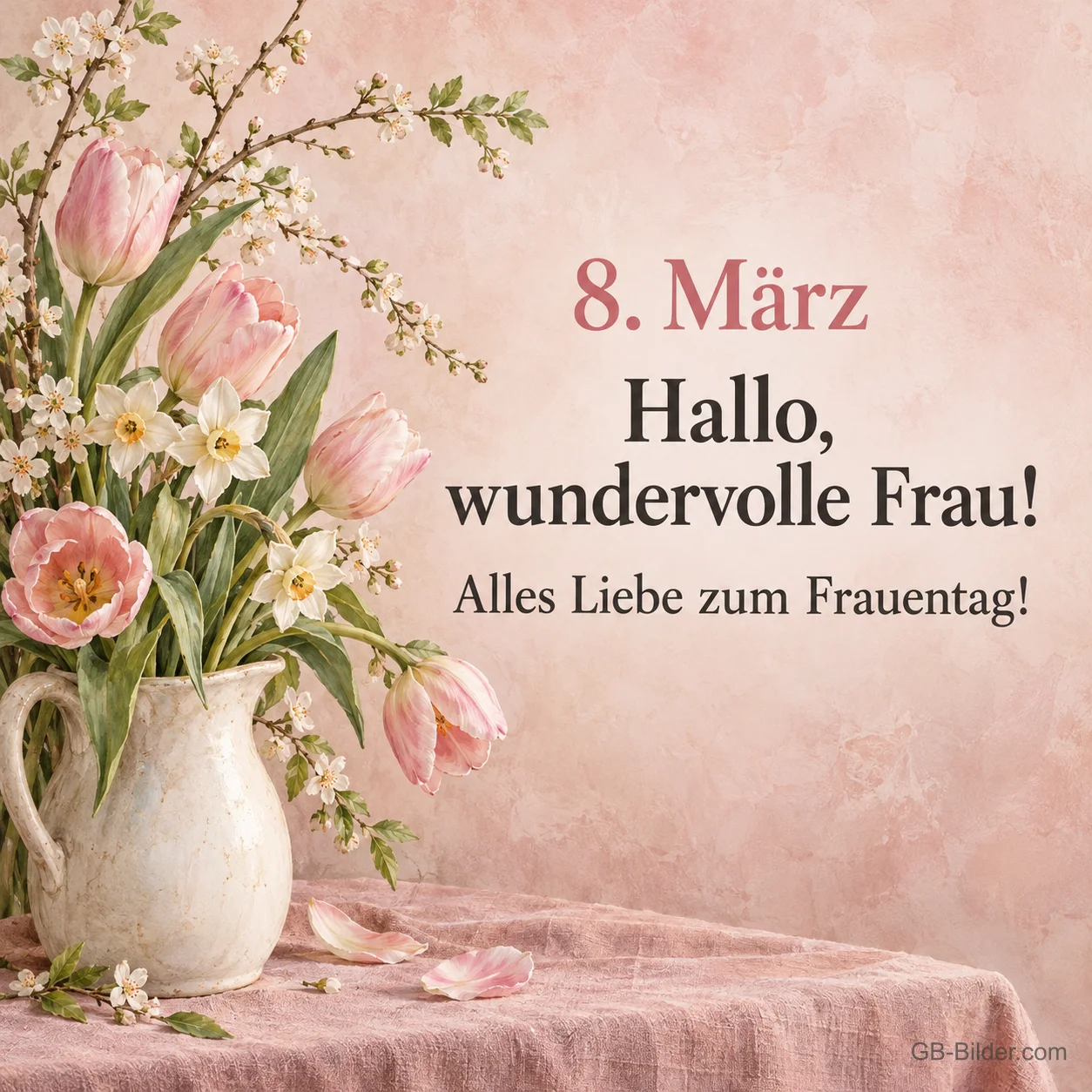 Tulpen und Blütenzweige im Krug, Text: 8. März – Hallo, wundervolle Frau! Tulpen und Blütenzweige im Krug, Text: 8. März – Hallo, wundervolle Frau!