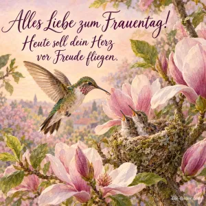 Kolibri am Nest zwischen Magnolien, Text: Alles Liebe zum Frauentag!