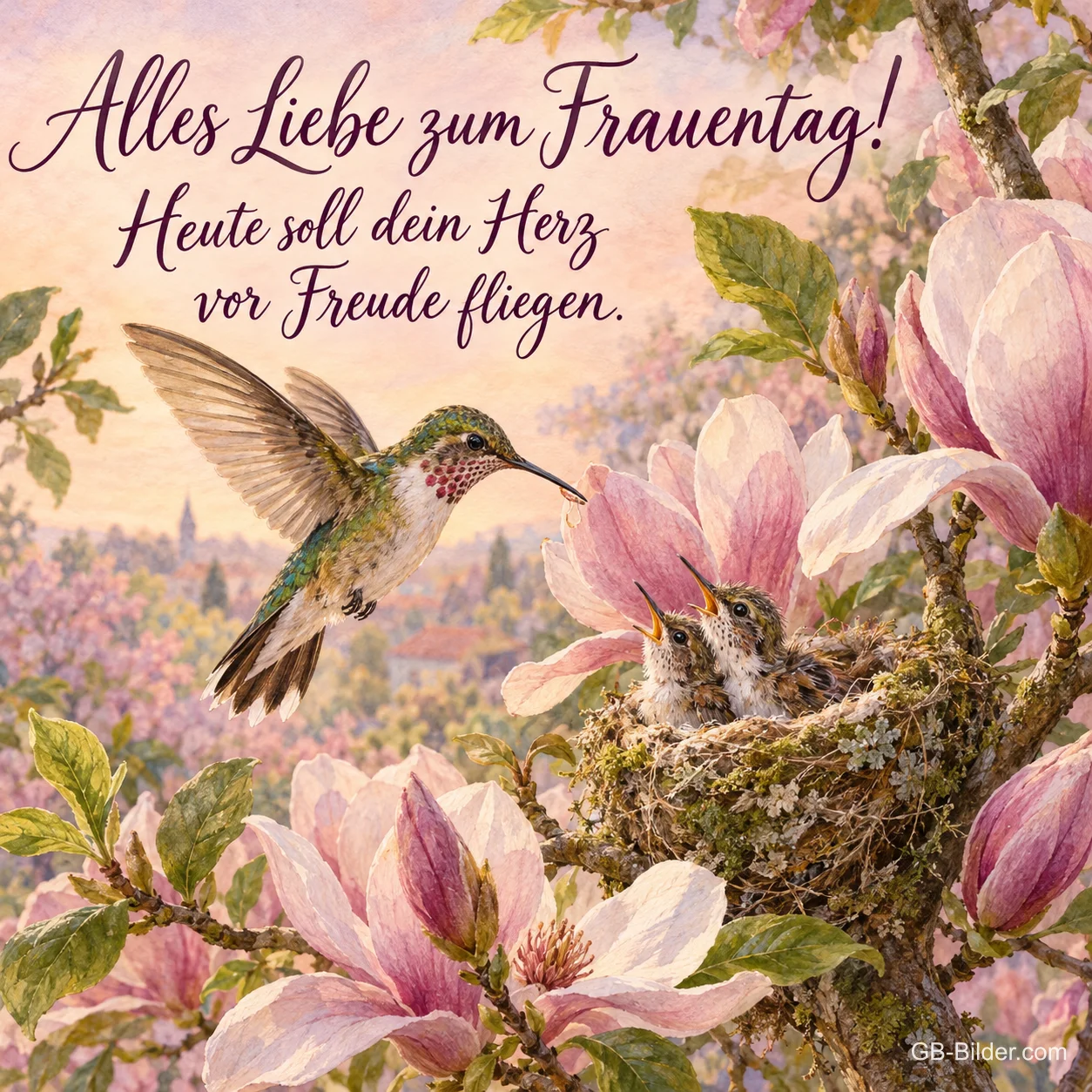 Kolibri am Nest zwischen Magnolien, Text: Alles Liebe zum Frauentag! Kolibri am Nest zwischen Magnolien, Text: Alles Liebe zum Frauentag!
