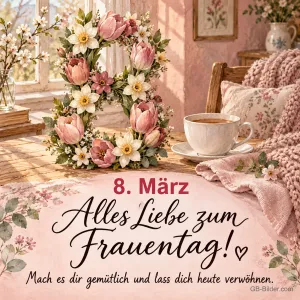 Acht aus Blumen mit Teetasse, Text: 8. März – Alles Liebe zum Frauentag!