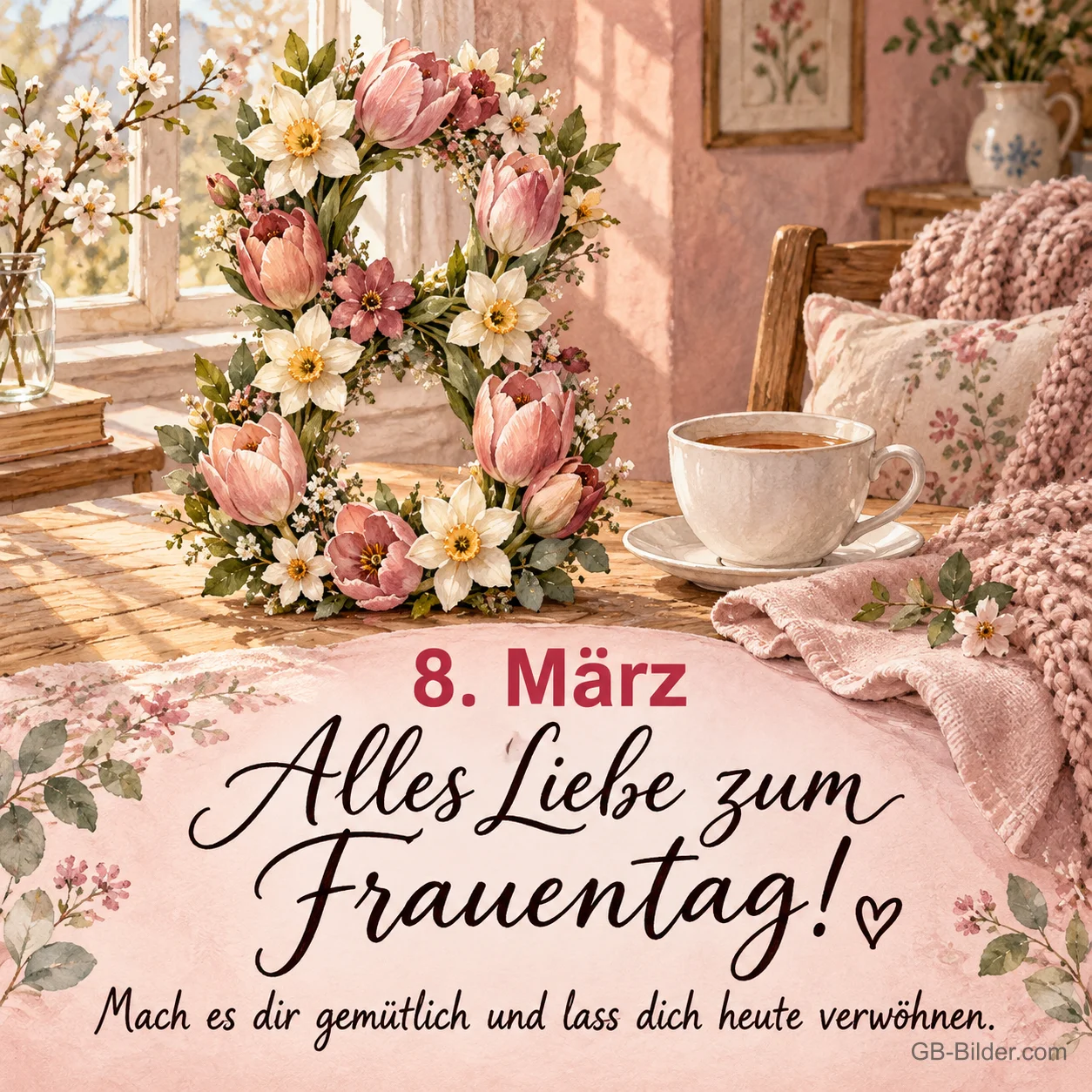 Acht aus Blumen mit Teetasse, Text: 8. März – Alles Liebe zum Frauentag! Acht aus Blumen mit Teetasse, Text: 8. März – Alles Liebe zum Frauentag!
