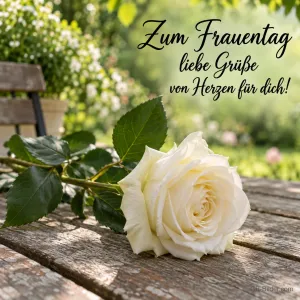 Weiße Rose auf einem Gartentisch, Text: Zum Frauentag liebe Grüße von Herzen für dich!