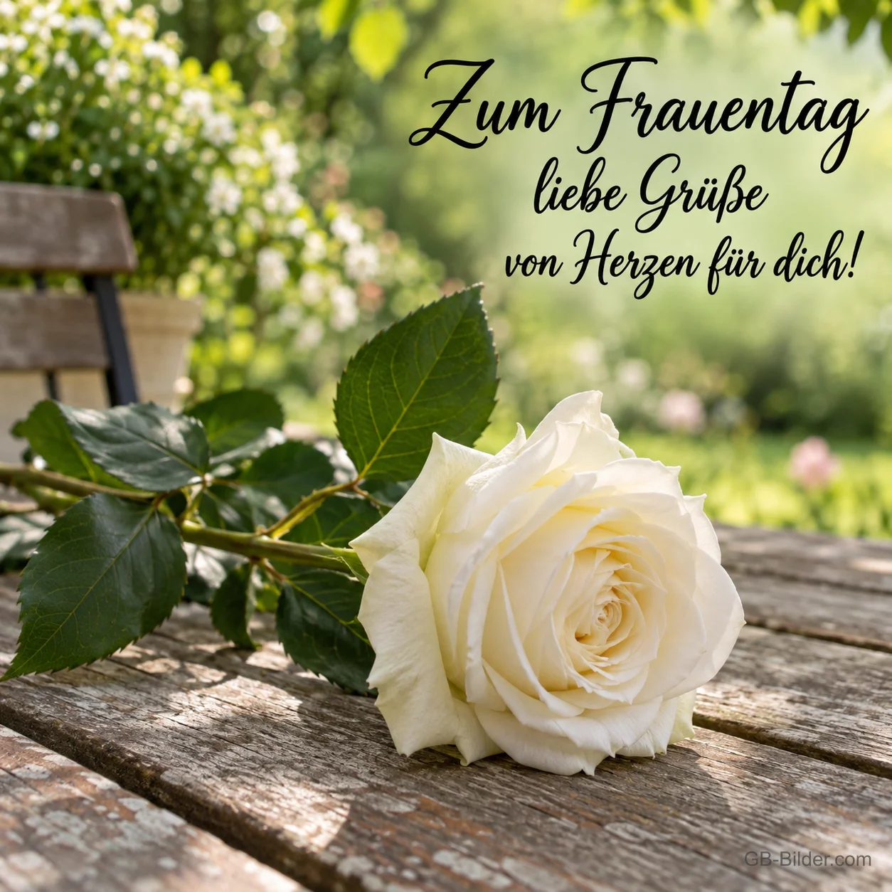 Weiße Rose auf einem Gartentisch, Text: Zum Frauentag liebe Grüße von Herzen für dich! Weiße Rose auf einem Gartentisch, Text: Zum Frauentag liebe Grüße von Herzen für dich!