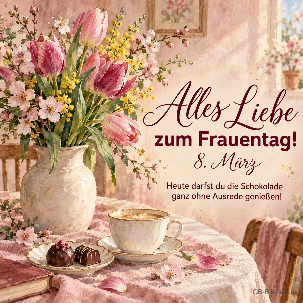 Tulpen und Mimosen mit Kaffee und Pralinen, Text: Alles Liebe zum Frauentag! Heute darfst du die Schokolade genießen! Tulpen und Mimosen mit Kaffee und Pralinen, Text: Alles Liebe zum Frauentag! Heute darfst du die Schokolade genießen!
