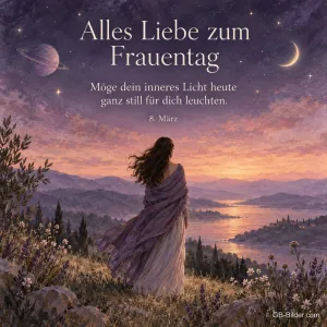 Frau von hinten über einem See in der Dämmerung, Text: Alles Liebe zum Frauentag