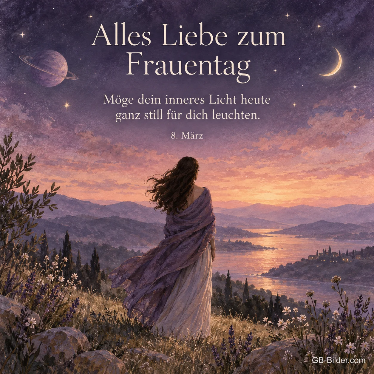Frau von hinten über einem See in der Dämmerung, Text: Alles Liebe zum Frauentag Frau von hinten über einem See in der Dämmerung, Text: Alles Liebe zum Frauentag