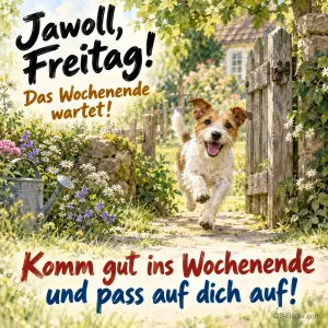 Jack Russell rennt durch ein offenes Gartentor, Text: Jawoll, Freitag! Das Wochenende wartet! Komm gut ins Wochenende und pass auf dich auf!
