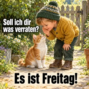 Junge mit Mütze flüstert einer roten Katze etwas zu, Text: Soll ich dir was verraten? – Es ist Freitag!