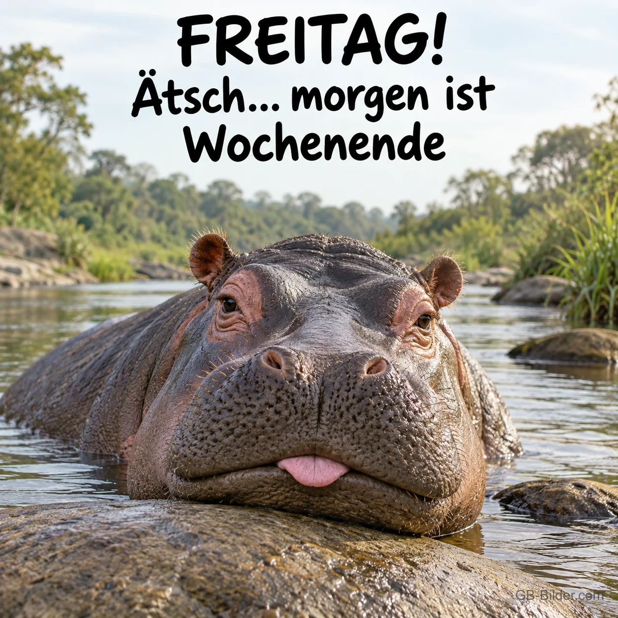 Flusspferd mit Zunge, lustiger Spruch, Text: FREITAG