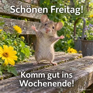 Maus steht jubelnd auf einer Gartenbank, Text: Schönen Freitag! – Komm gut ins Wochenende!