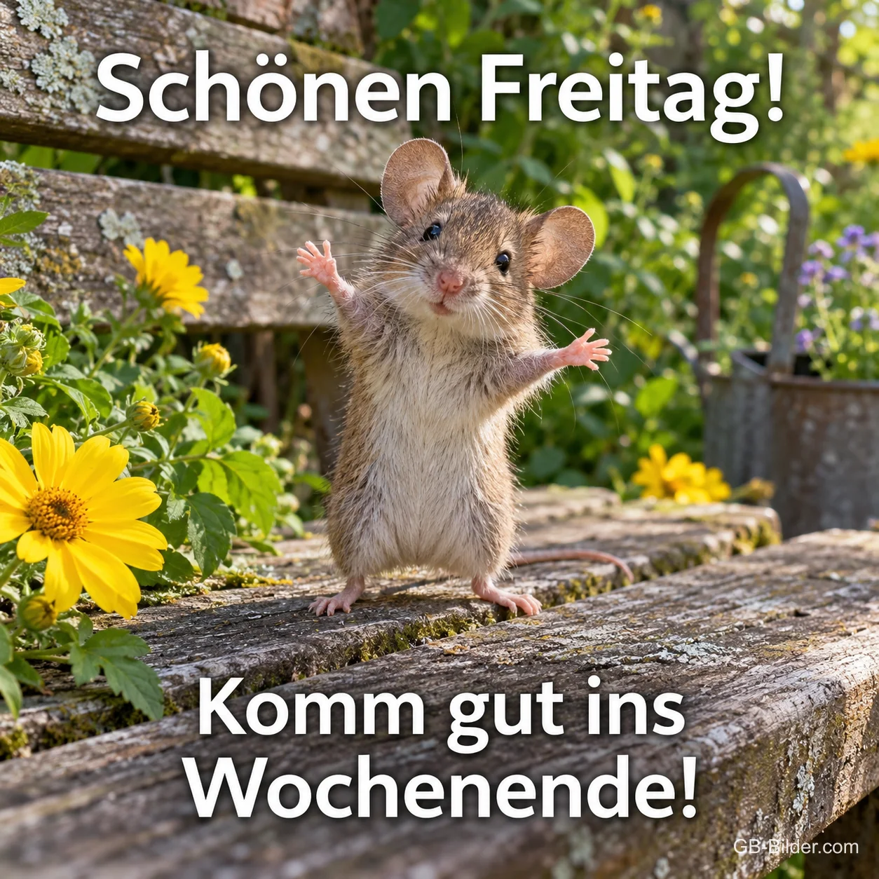 Maus steht jubelnd auf einer Gartenbank, Text: Schönen Freitag! – Komm gut ins Wochenende! Maus steht jubelnd auf einer Gartenbank, Text: Schönen Freitag! – Komm gut ins Wochenende!