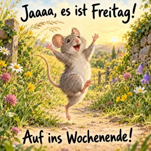 Maus springt jubelnd über einen Feldweg, Text: Jaaa, es ist Freitag! – Auf ins Wochenende!