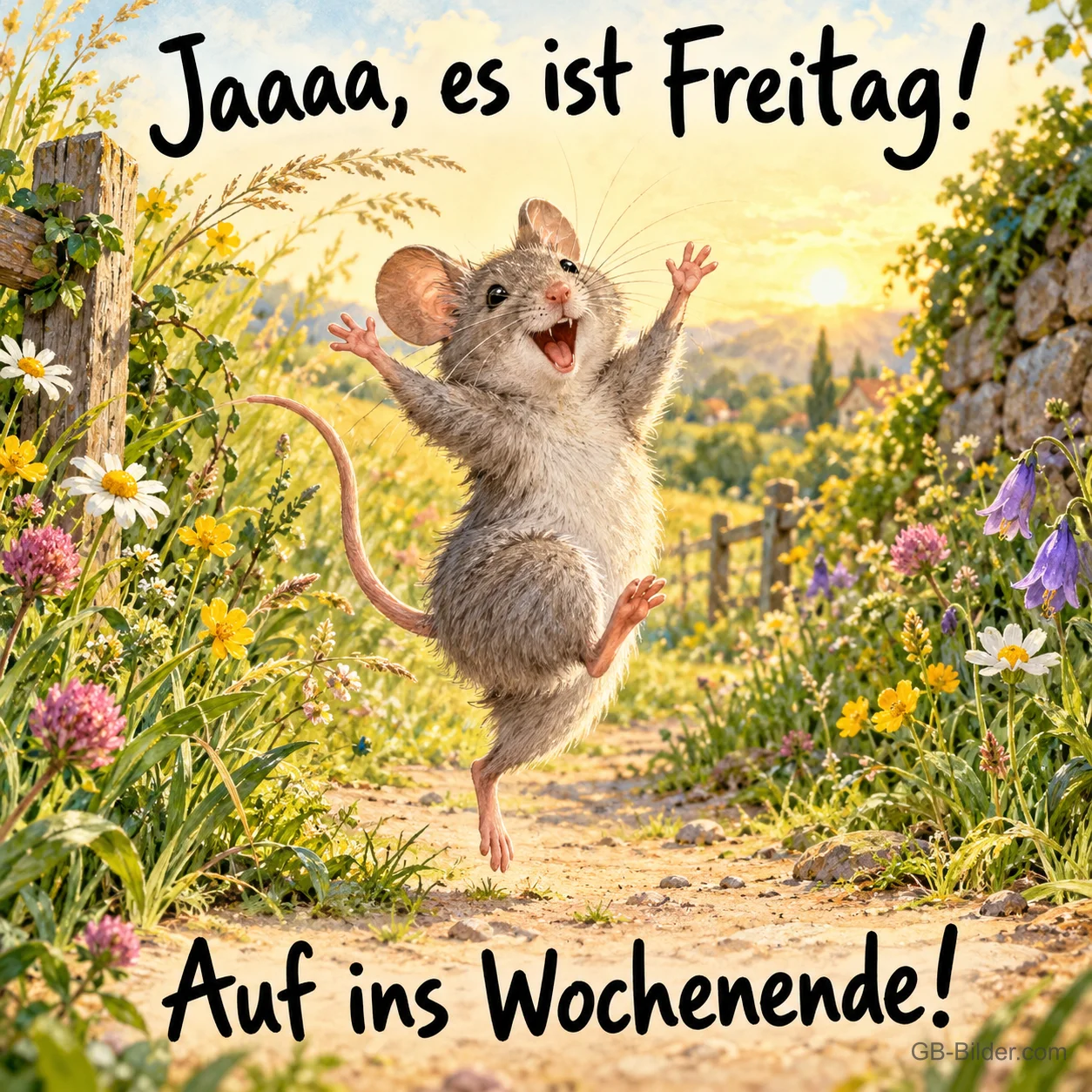 Maus springt jubelnd über einen Feldweg, Text: Jaaa, es ist Freitag! – Auf ins Wochenende! Maus springt jubelnd über einen Feldweg, Text: Jaaa, es ist Freitag! – Auf ins Wochenende!
