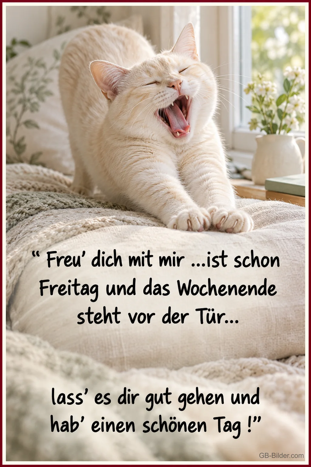 Lachende Katze streckt sich, Text: Freu' dich mit mir Lachende Katze streckt sich, Text: Freu' dich mit mir