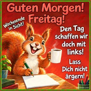Eichhörnchen schreibt grinsend am Schreibtisch und hält eine Kaffeetasse, Text: Guten Morgen! Freitag! Wochenende in Sicht! Den Tag schaffen wir doch mit links! Lass Dich nicht ärgern!