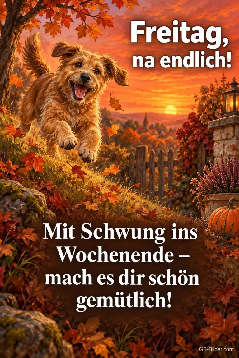 Hund springt fröhlich durch Herbstlaub, Text: Freitag, na endlich! – Mit Schwung ins Wochenende – mach es dir schön gemütlich!