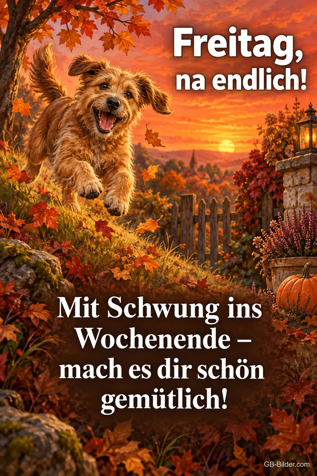 Hund springt fröhlich durch Herbstlaub, Text: Freitag, na endlich! – Mit Schwung ins Wochenende – mach es dir schön gemütlich! Hund springt fröhlich durch Herbstlaub, Text: Freitag, na endlich! – Mit Schwung ins Wochenende – mach es dir schön gemütlich!