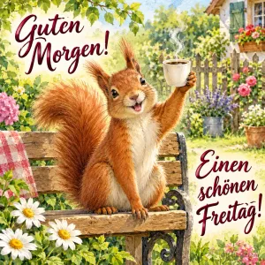 Eichhörnchen hebt eine Kaffeetasse auf einer Gartenbank, Text: Guten Morgen! – Einen schönen Freitag!