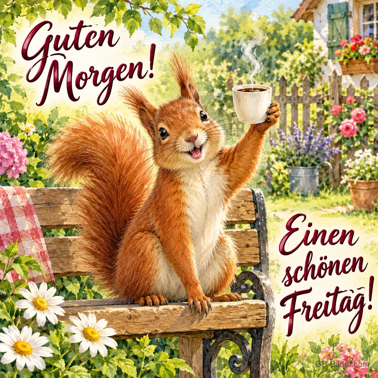 Eichhörnchen hebt eine Kaffeetasse auf einer Gartenbank, Text: Guten Morgen! – Einen schönen Freitag! Eichhörnchen hebt eine Kaffeetasse auf einer Gartenbank, Text: Guten Morgen! – Einen schönen Freitag!