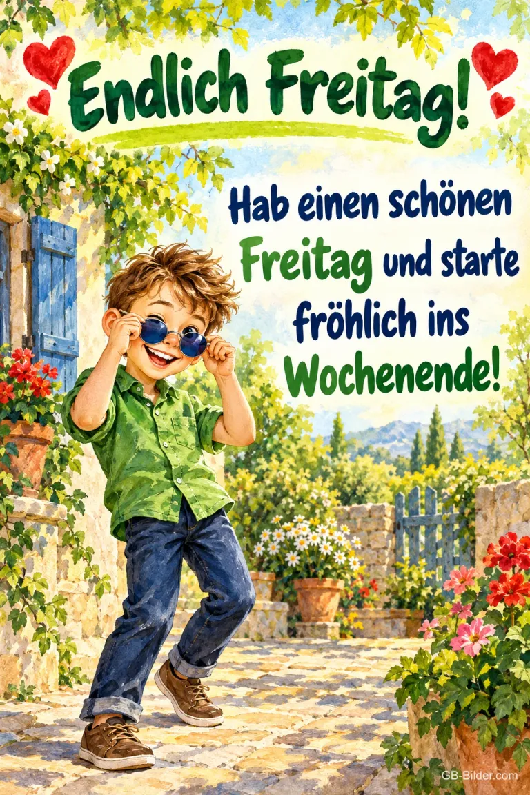 Junge mit Sonnenbrille tanzt in einem Blumenhof, Text: Endlich Freitag! – Hab einen schönen Freitag und starte fröhlich ins Wochenende!