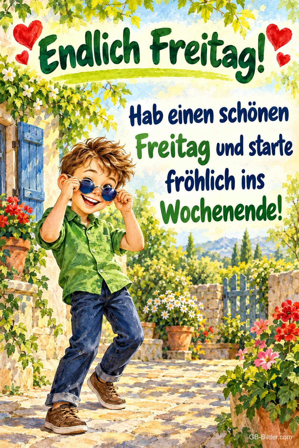 Junge mit Sonnenbrille tanzt in einem Blumenhof, Text: Endlich Freitag! – Hab einen schönen Freitag und starte fröhlich ins Wochenende! Junge mit Sonnenbrille tanzt in einem Blumenhof, Text: Endlich Freitag! – Hab einen schönen Freitag und starte fröhlich ins Wochenende!