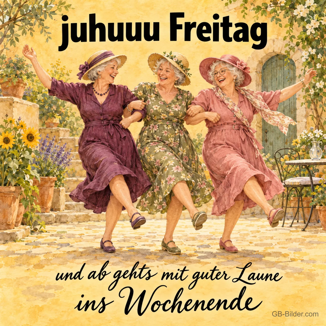 Tanzende Damen mit Hüten, Text: juhuuu Freitag Tanzende Damen mit Hüten, Text: juhuuu Freitag