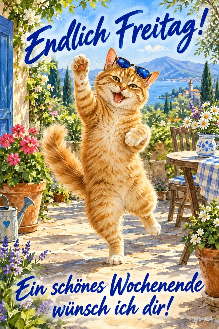 Rote Katze mit Sonnenbrille tanzt auf einer Terrasse, Text: Endlich Freitag! – Ein schönes Wochenende wünsch ich dir!