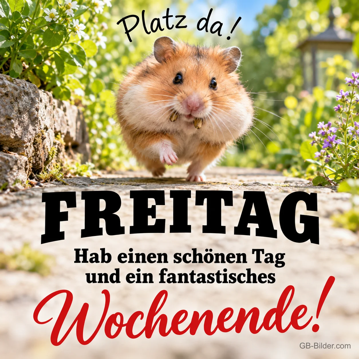 Hamster rennt mit vollen Backen über einen Weg, Text: Platz da! – FREITAG – Hab einen schönen Tag und ein fantastisches Wochenende! Hamster rennt mit vollen Backen über einen Weg, Text: Platz da! – FREITAG – Hab einen schönen Tag und ein fantastisches Wochenende!