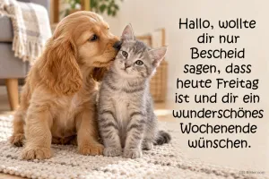 Cockerspaniel-Welpe küsst ein graues Kätzchen, Text: Hallo, wollte dir nur Bescheid sagen, dass heute Freitag ist und dir ein wunderschönes Wochenende wünschen.