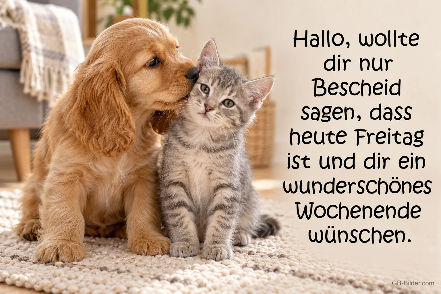 Cockerspaniel-Welpe küsst ein graues Kätzchen, Text: Hallo, wollte dir nur Bescheid sagen, dass heute Freitag ist und dir ein wunderschönes Wochenende wünschen.