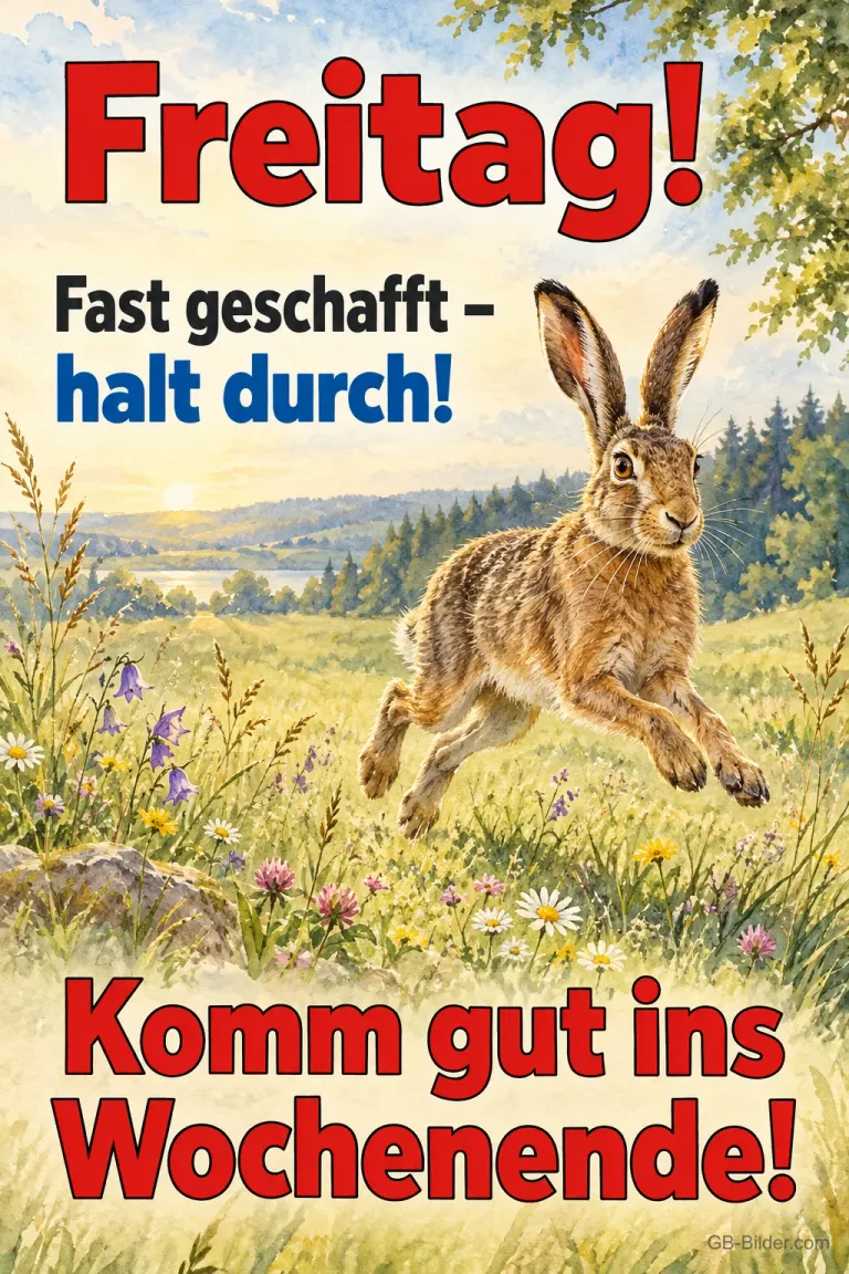 Feldhase springt über eine Sommerwiese, Text: Freitag! Fast geschafft – halt durch! Komm gut ins Wochenende!