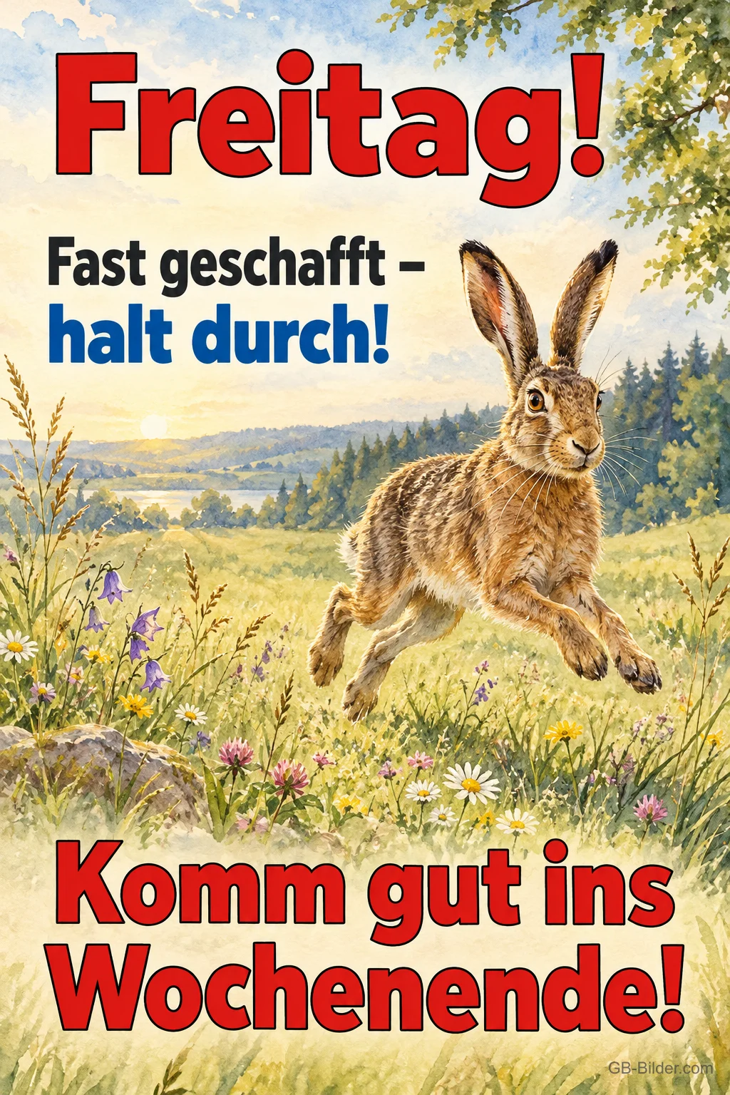 Feldhase springt über eine Sommerwiese, Text: Freitag! Fast geschafft – halt durch! Komm gut ins Wochenende! Feldhase springt über eine Sommerwiese, Text: Freitag! Fast geschafft – halt durch! Komm gut ins Wochenende!